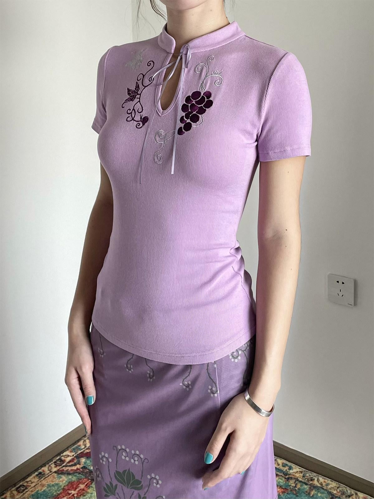 Wet Tail Cute Embroidered Ribbed Henley Purple Women Viscose Stretch Short Sleeve T-Shirts