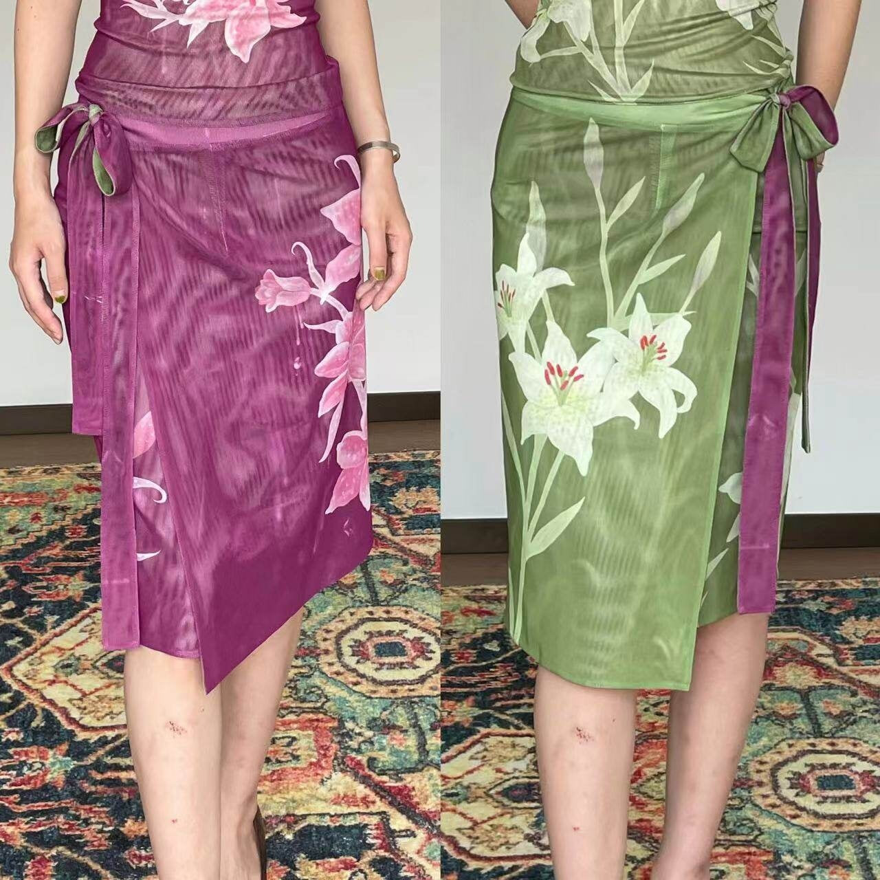 Wet Tail Elegant Chinese Floral Print Slim Fit Mid Waist Women Casual Travel Maxi Skirts
