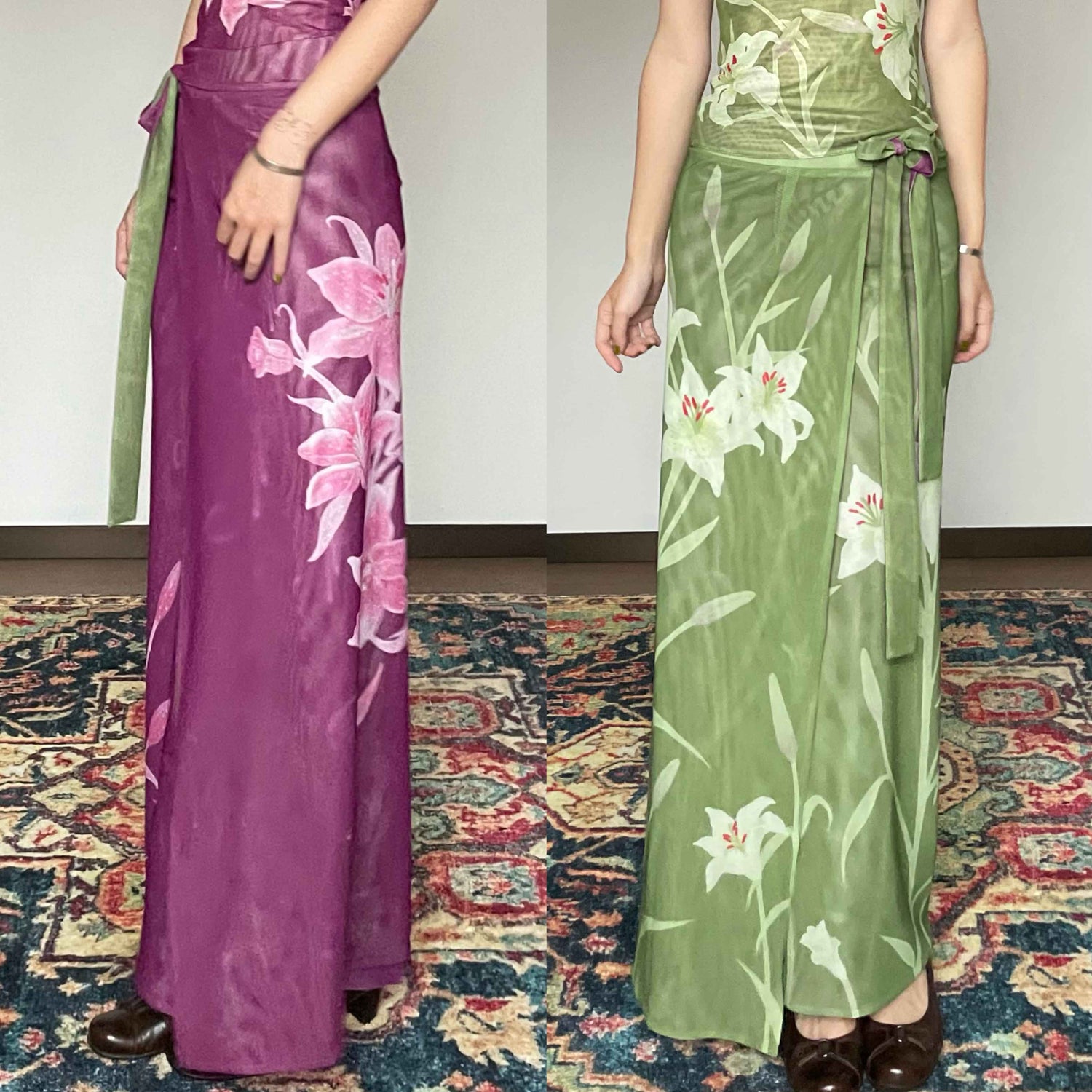 Wet Tail Elegant Chinese Floral Print Slim Fit Mid Waist Women Casual Travel Maxi Skirts