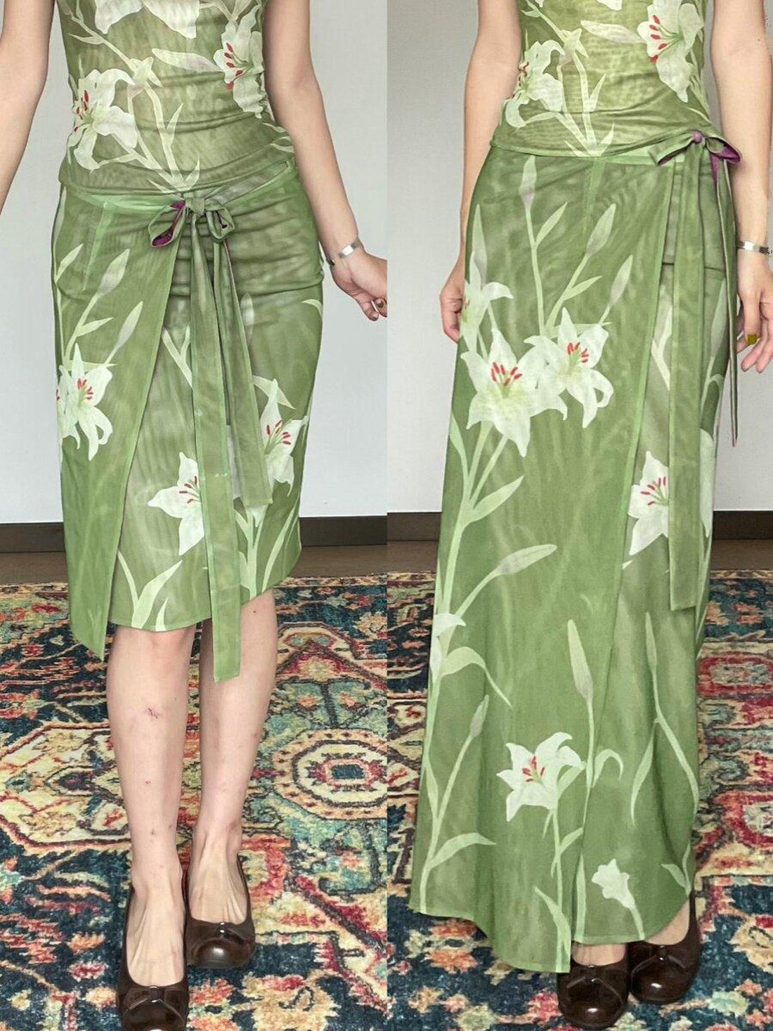 Wet Tail Elegant Chinese Floral Print Slim Fit Mid Waist Women Casual Travel Maxi Skirts