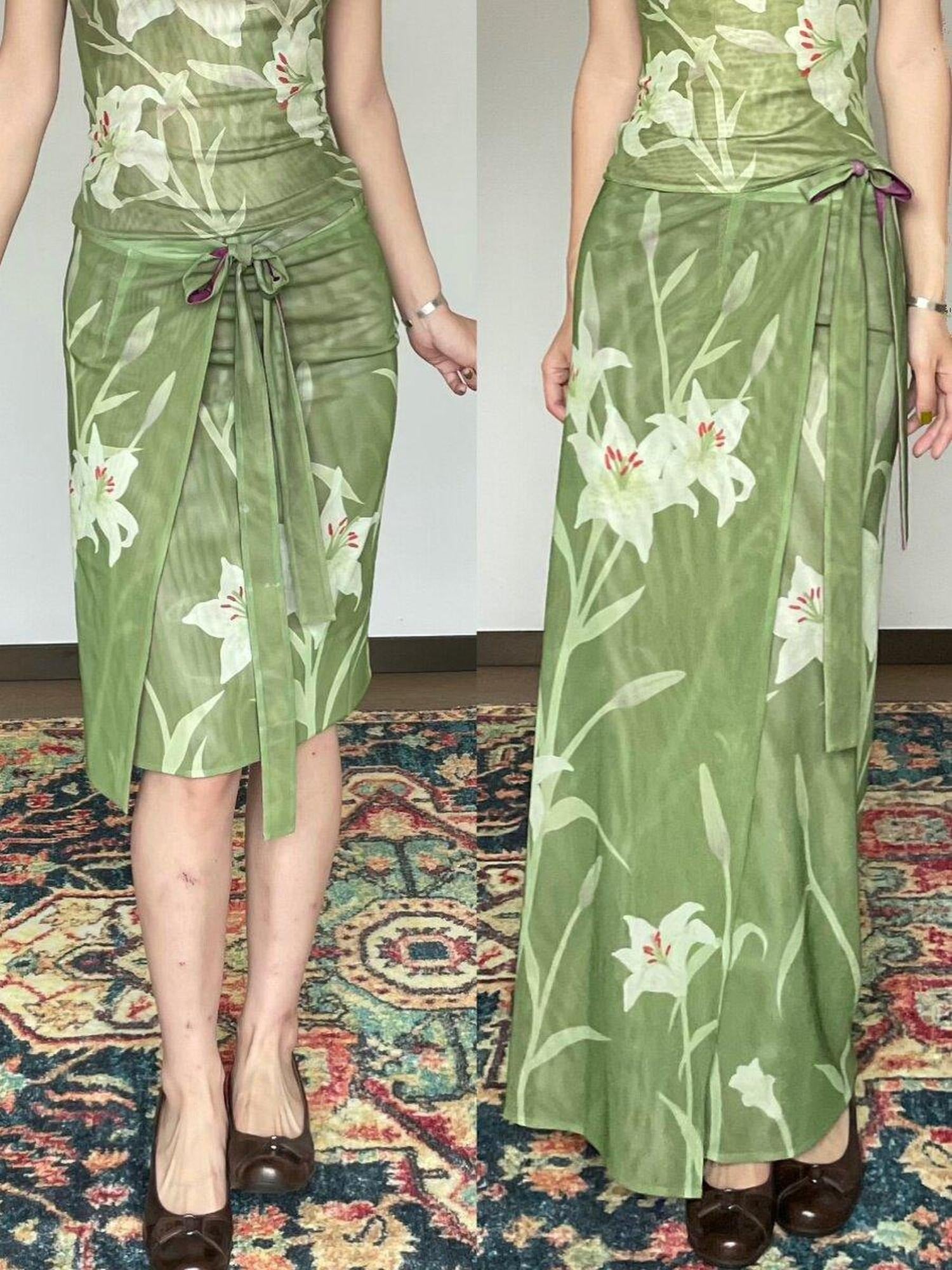 Wet Tail Elegant Chinese Floral Print Slim Fit Mid Waist Women Casual Travel Maxi Skirts