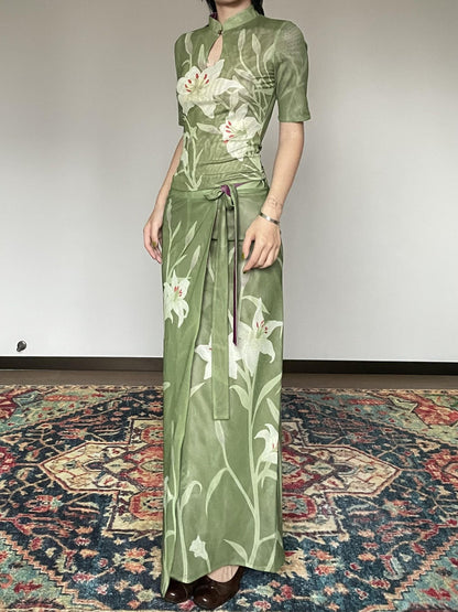 Wet Tail Elegant Chinese Floral Print Slim Fit Mid Waist Women Casual Travel Maxi Skirts