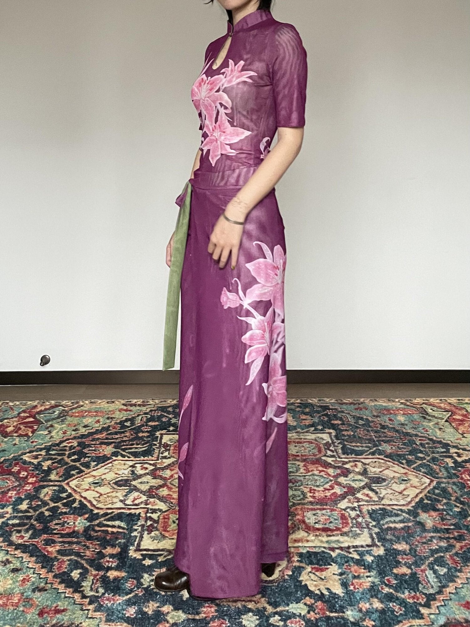 Wet Tail Elegant Chinese Floral Print Slim Fit Mid Waist Women Casual Travel Maxi Skirts