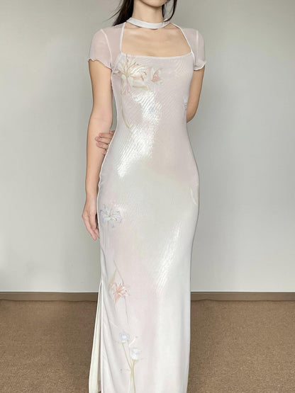 Wet Tail Elegant Pink Mesh Cheongsam Short Sleeve Slim Fit Wedding Bodycon Maxi Dresses