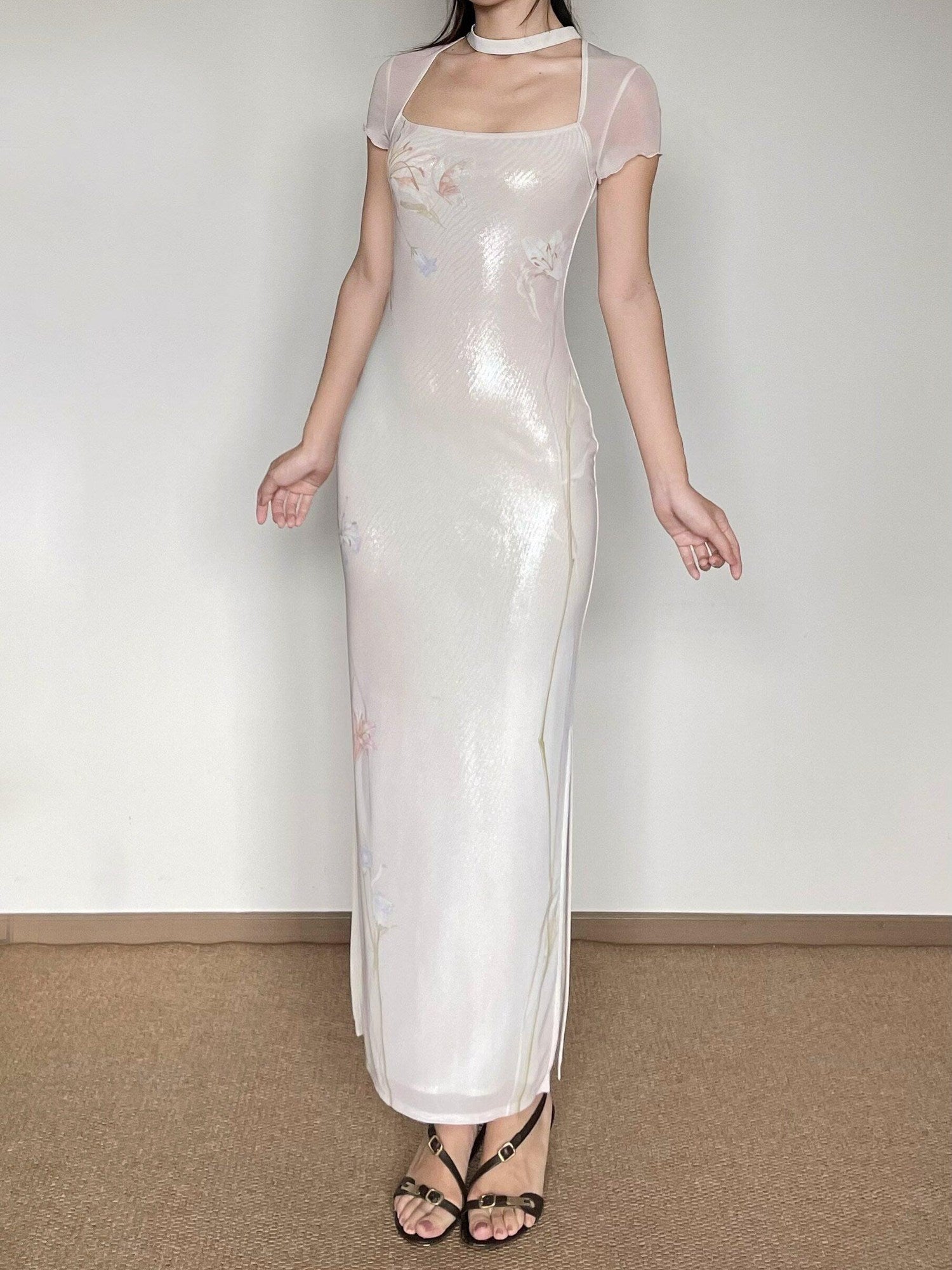 Wet Tail Elegant Pink Mesh Cheongsam Short Sleeve Slim Fit Wedding Bodycon Maxi Dresses
