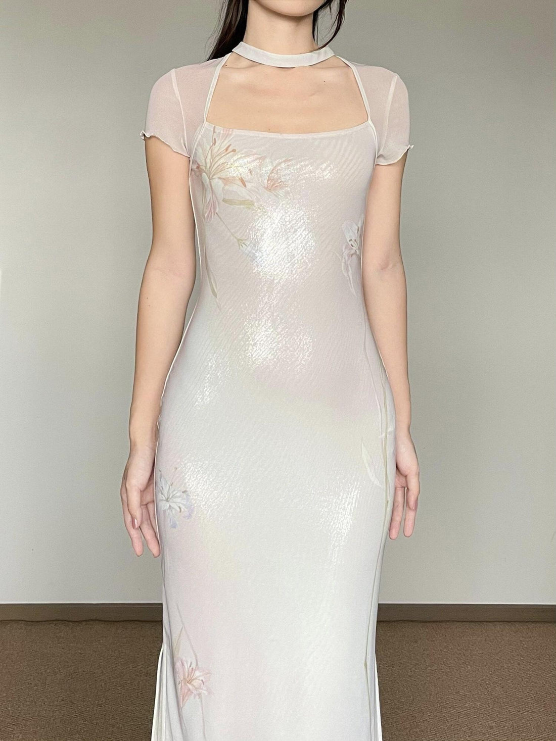 Wet Tail Elegant Pink Mesh Cheongsam Short Sleeve Slim Fit Wedding Bodycon Maxi Dresses