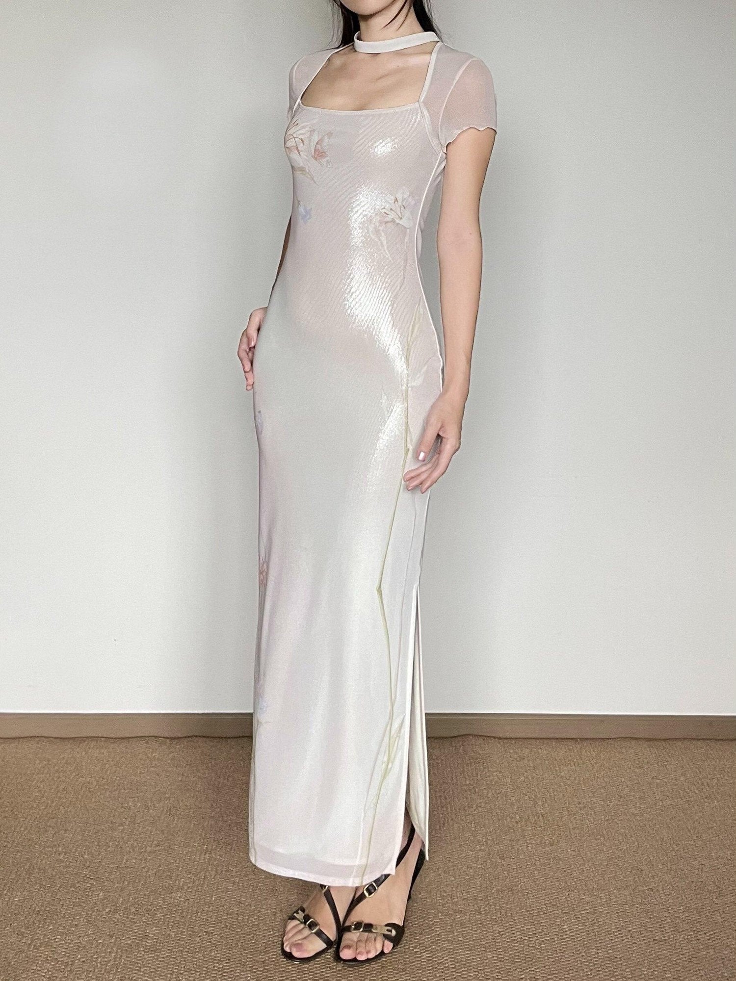 Wet Tail Elegant Pink Mesh Cheongsam Short Sleeve Slim Fit Wedding Bodycon Maxi Dresses