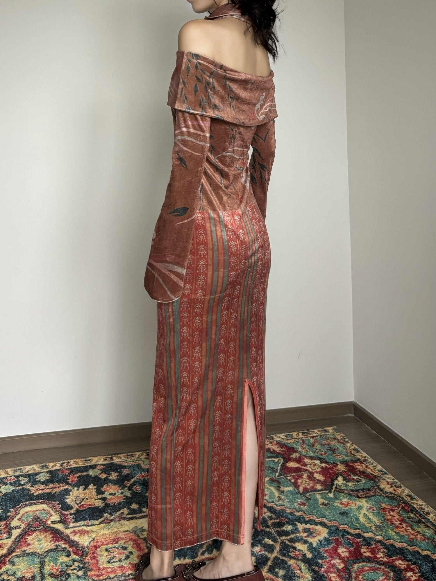 Wet Tail Elegant Velvet Wrap Long Sleeve Bardot Women Cheongsam Casual Maxi Dresses