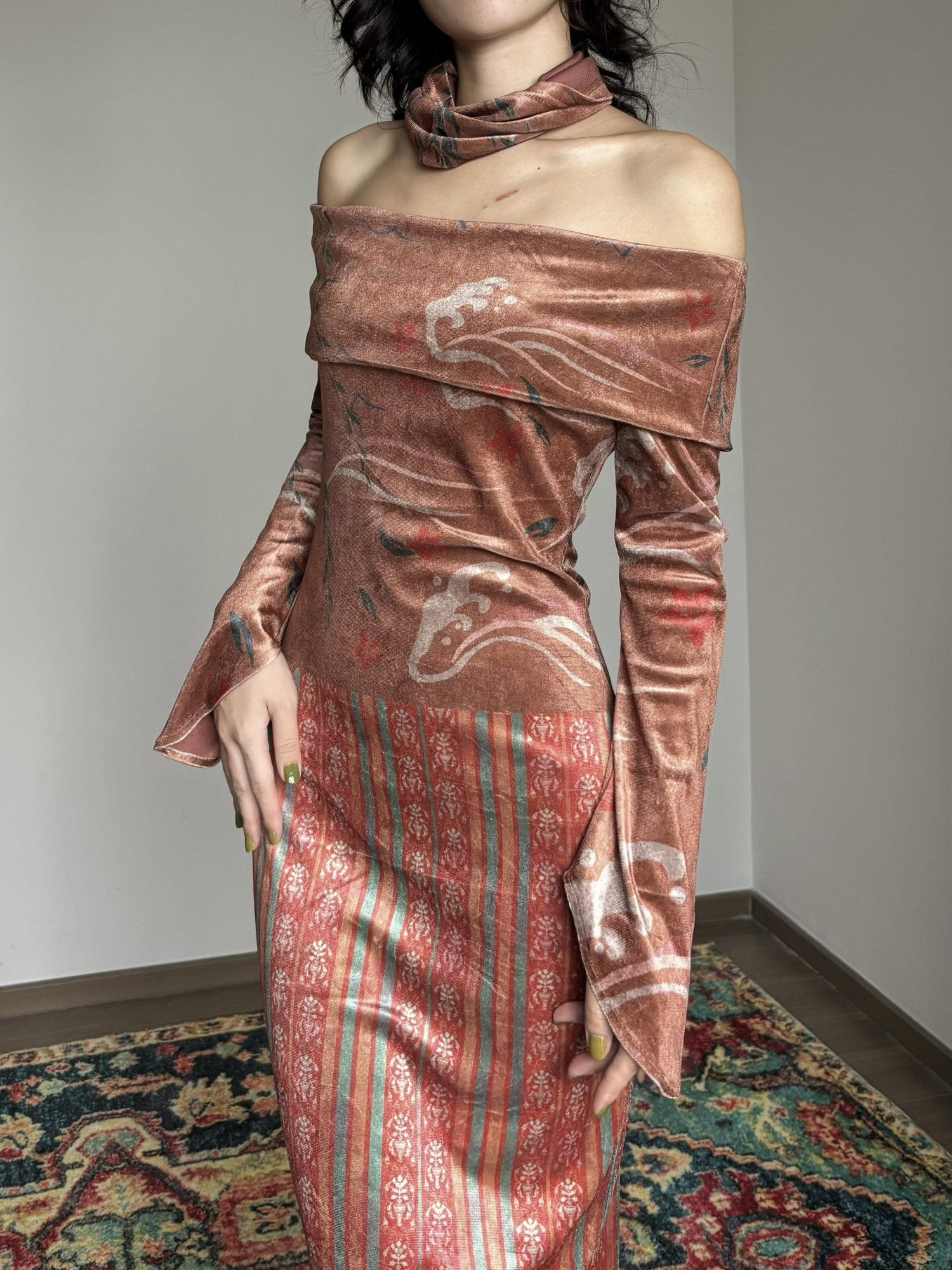Wet Tail Elegant Velvet Wrap Long Sleeve Bardot Women Cheongsam Casual Maxi Dresses