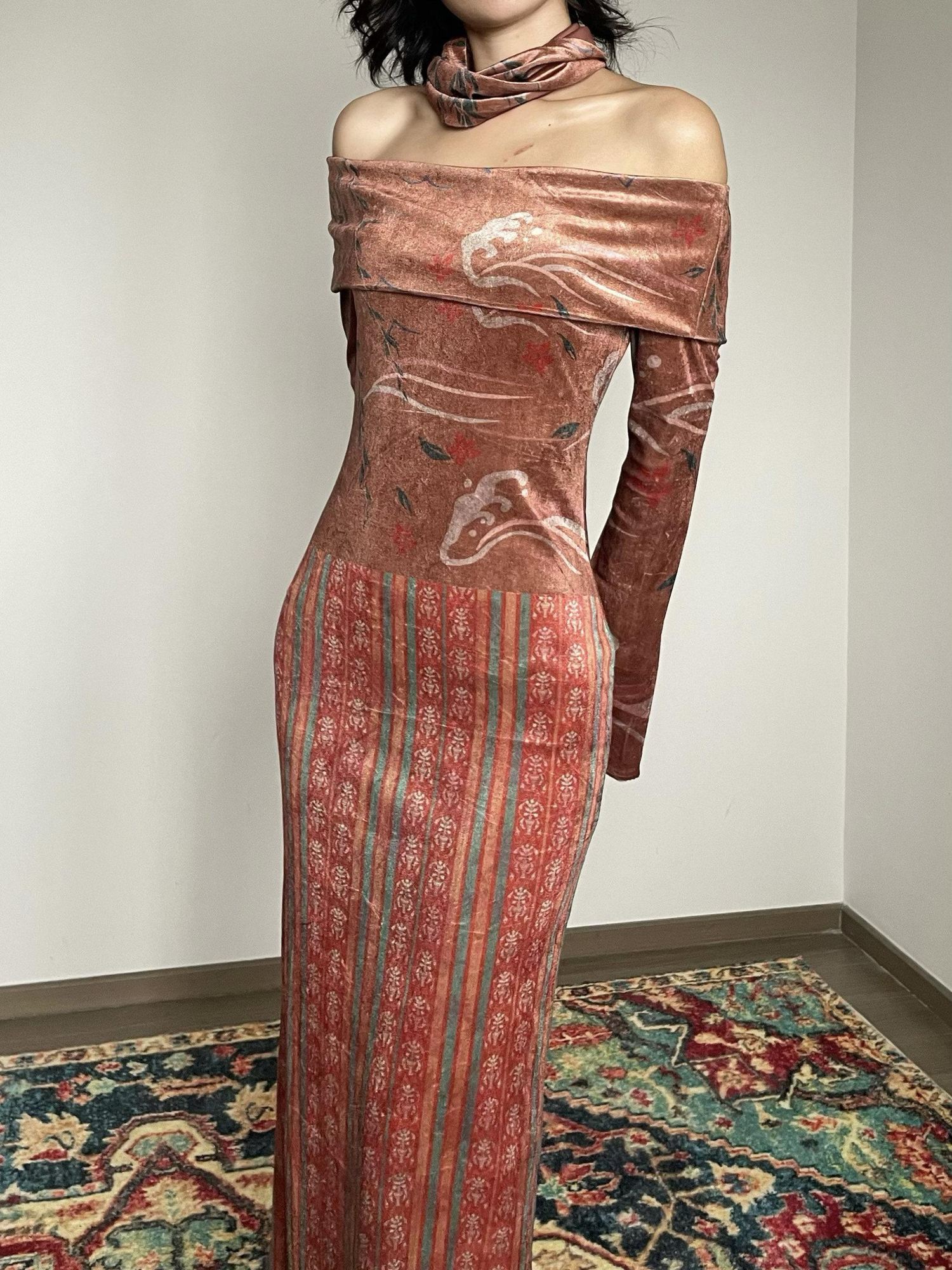 Wet Tail Elegant Velvet Wrap Long Sleeve Bardot Women Cheongsam Casual Maxi Dresses