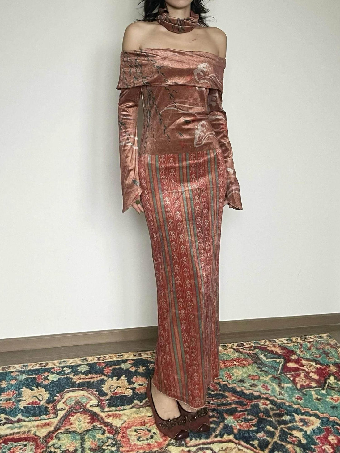 Wet Tail Elegant Velvet Wrap Long Sleeve Bardot Women Cheongsam Casual Maxi Dresses