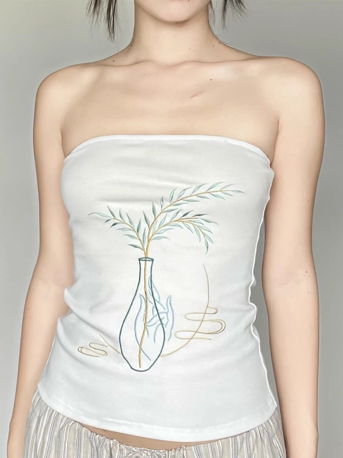 Wet Tail Embroidered Cropped Slim Fit Office Ready Cotton Rich White Bandeau Tube Tops