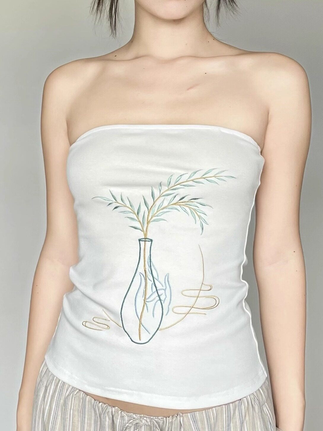 Wet Tail Embroidered Cropped Slim Fit Office Ready Cotton Rich White Bandeau Tube Tops