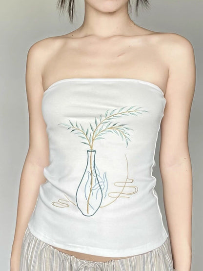 Wet Tail Embroidered Cropped Slim Fit Office Ready Cotton Rich White Bandeau Tube Tops
