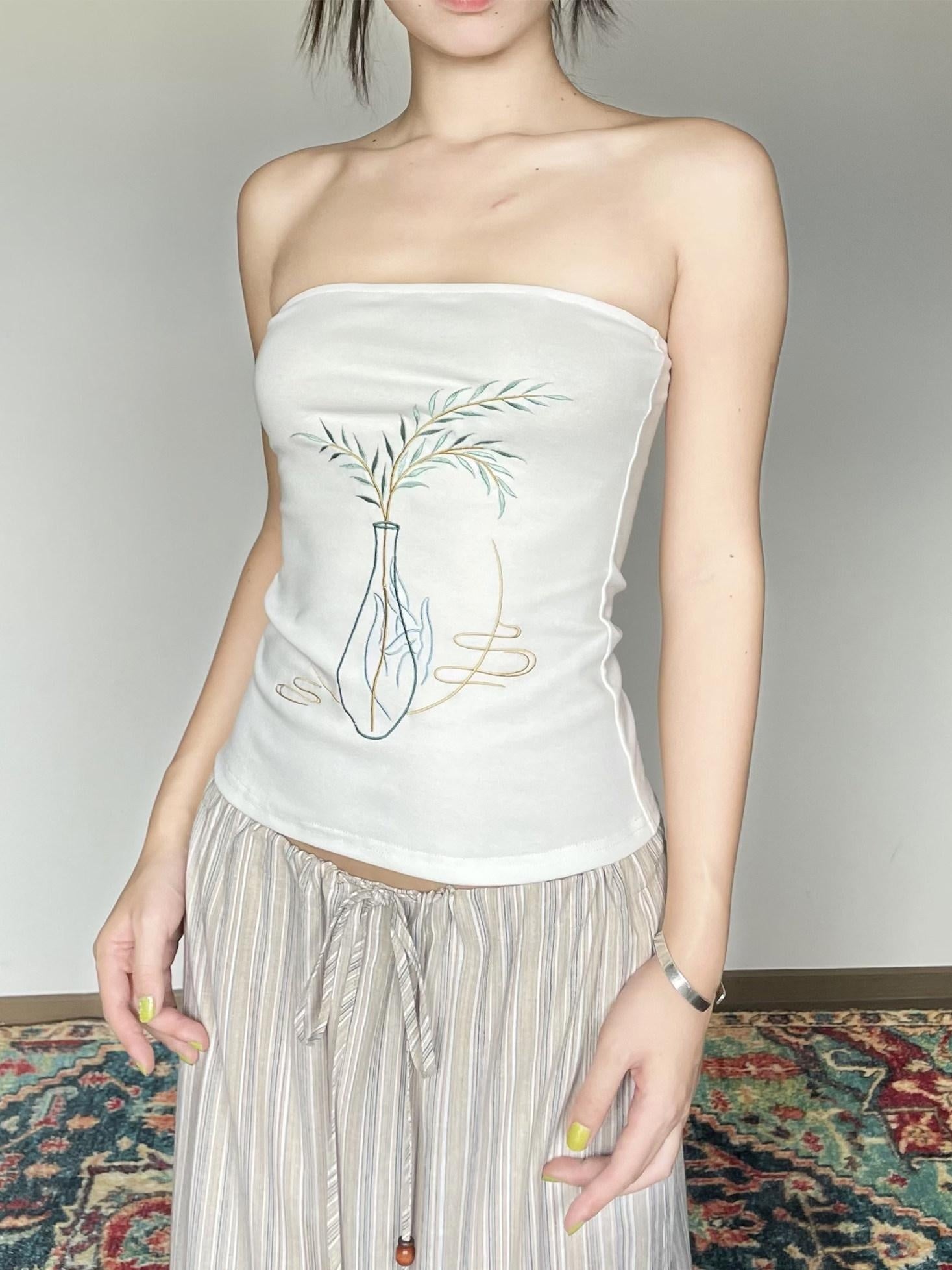 Wet Tail Embroidered Cropped Slim Fit Office Ready Cotton Rich White Bandeau Tube Tops