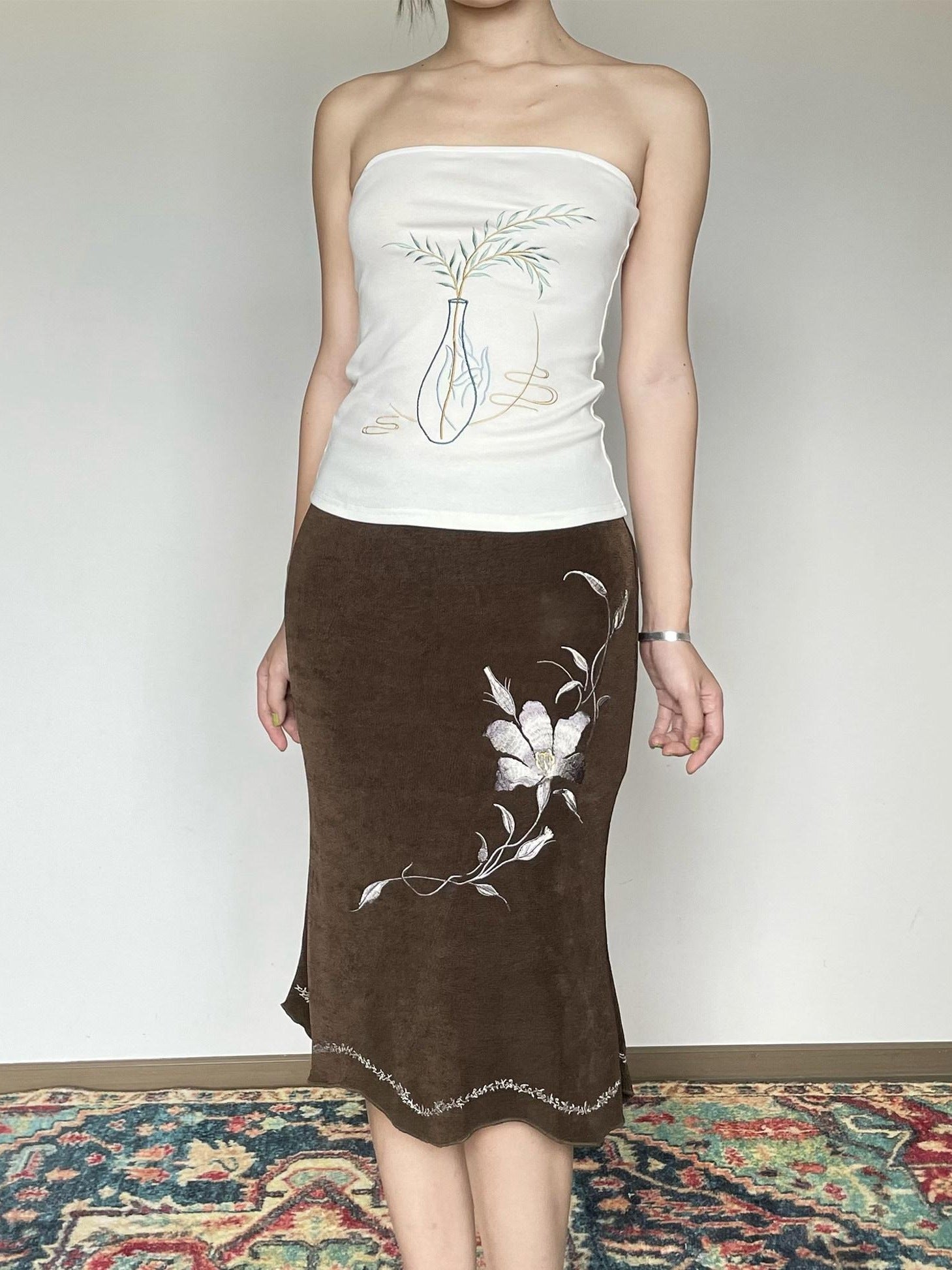 Wet Tail Embroidered Cropped Slim Fit Office Ready Cotton Rich White Bandeau Tube Tops
