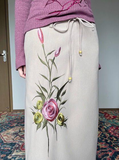 Wet Tail Embroidered Drawstring Retro Mid Waist Straight Khaki Women Maxi Skirts