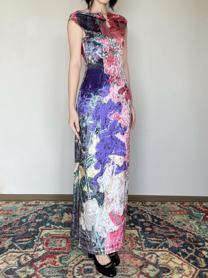 Wet Tail Floral Print Sleeveless Long Women&