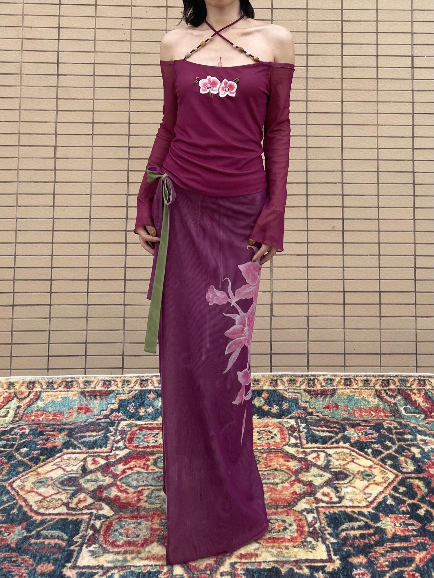 Wet Tail Magenta Orchid Embroidery Beaded One Shoulder Women&