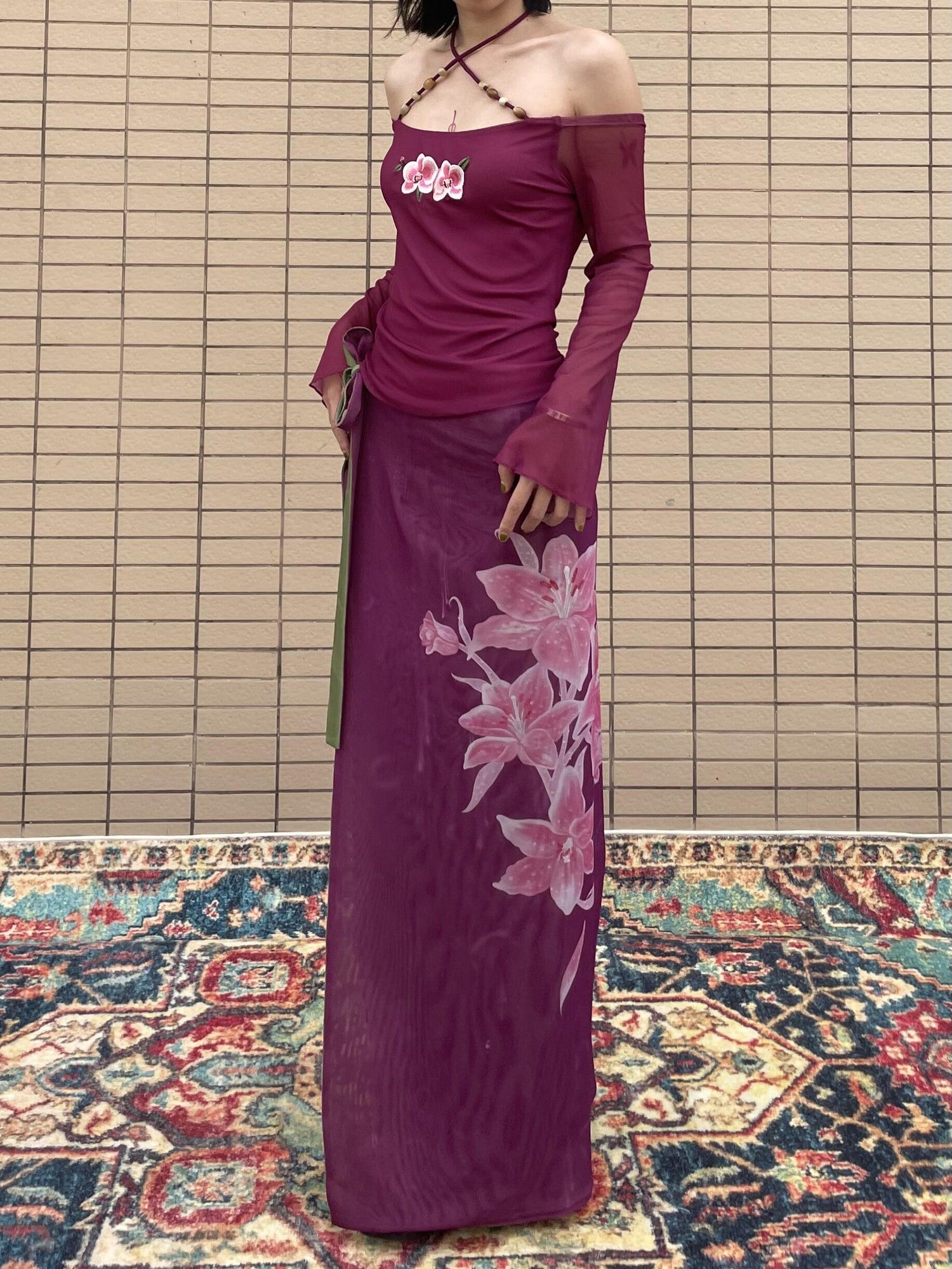 Wet Tail Magenta Orchid Embroidery Beaded One Shoulder Women&