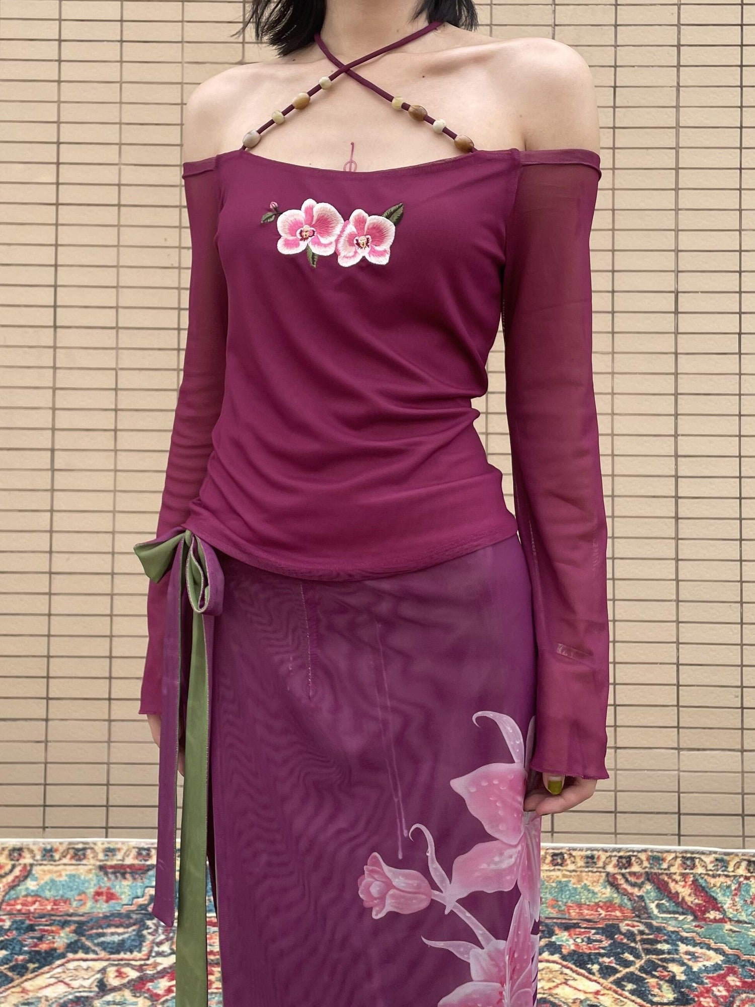 Wet Tail Magenta Orchid Embroidery Beaded One Shoulder Women&