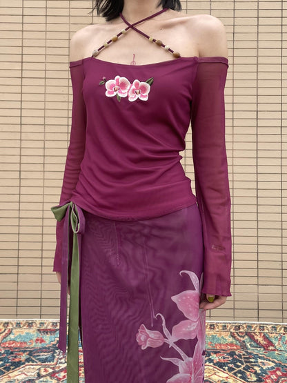 Wet Tail Magenta Orchid Embroidery Beaded One Shoulder Women&
