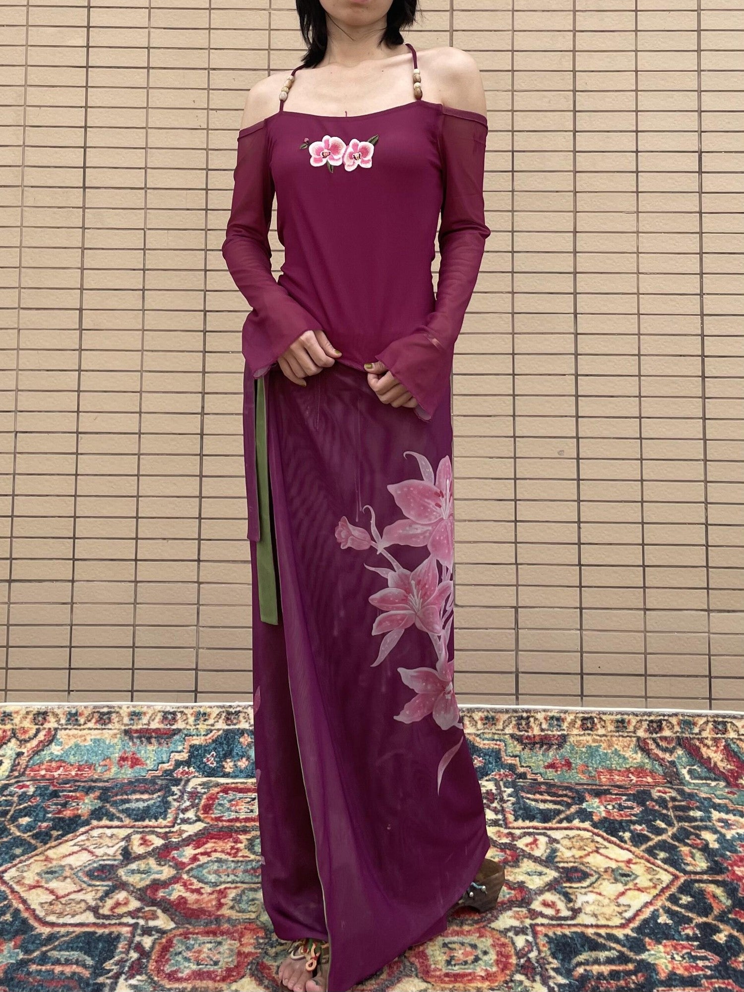 Wet Tail Magenta Orchid Embroidery Beaded One Shoulder Women&