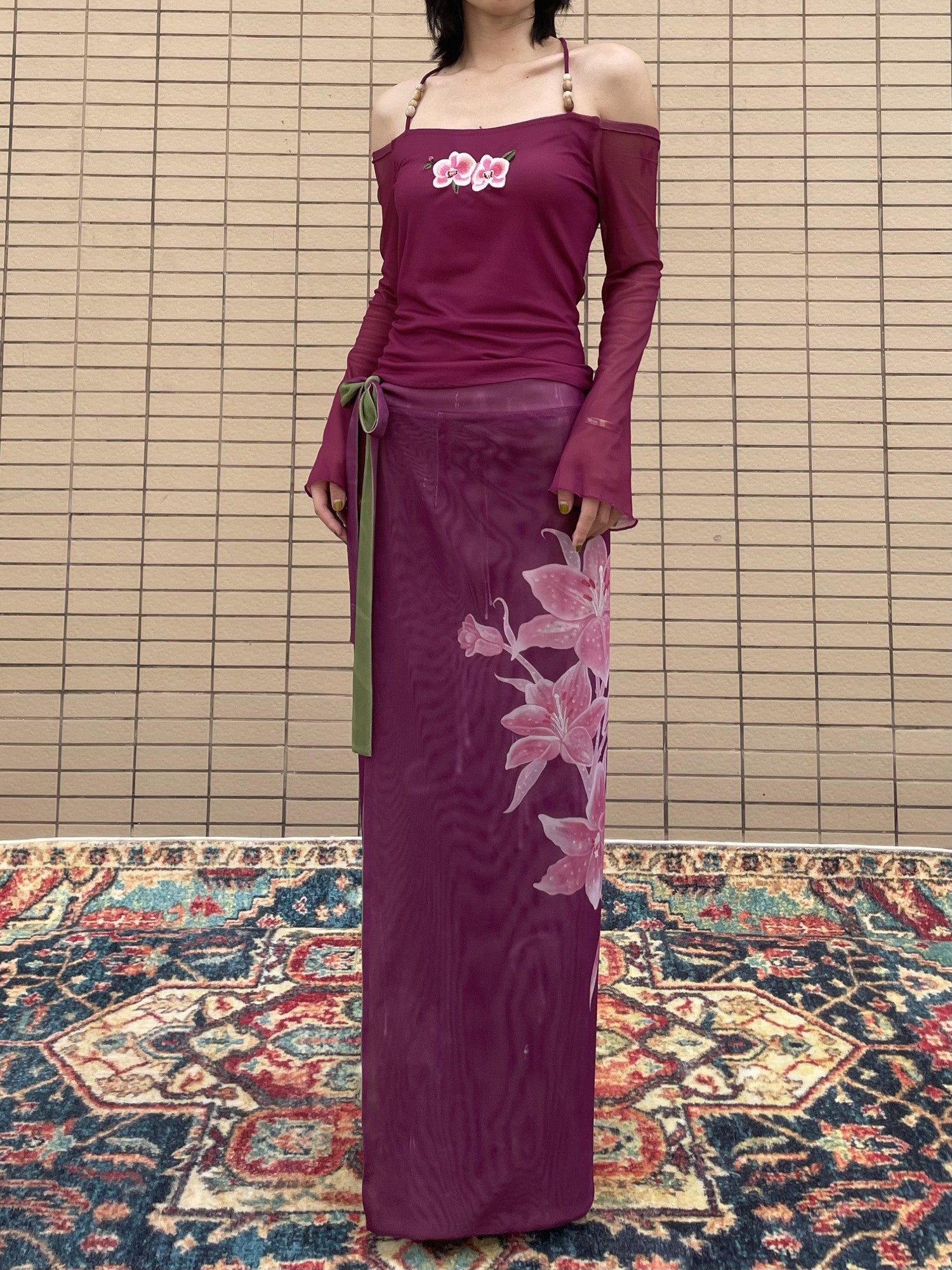 Wet Tail Magenta Orchid Embroidery Beaded One Shoulder Women&
