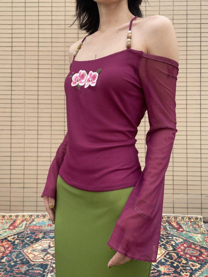 Wet Tail Magenta Orchid Embroidery Beaded One Shoulder Women&