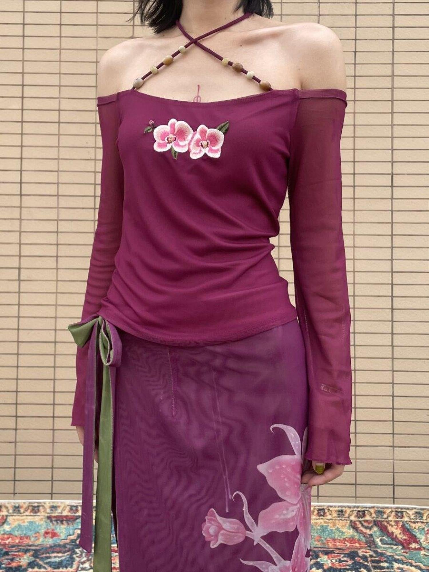 Wet Tail Magenta Orchid Embroidery Beaded One Shoulder Women&