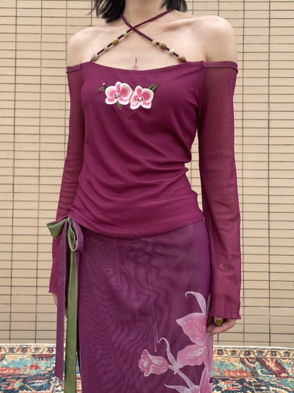 Wet Tail Magenta Orchid Embroidery Beaded One Shoulder Women&