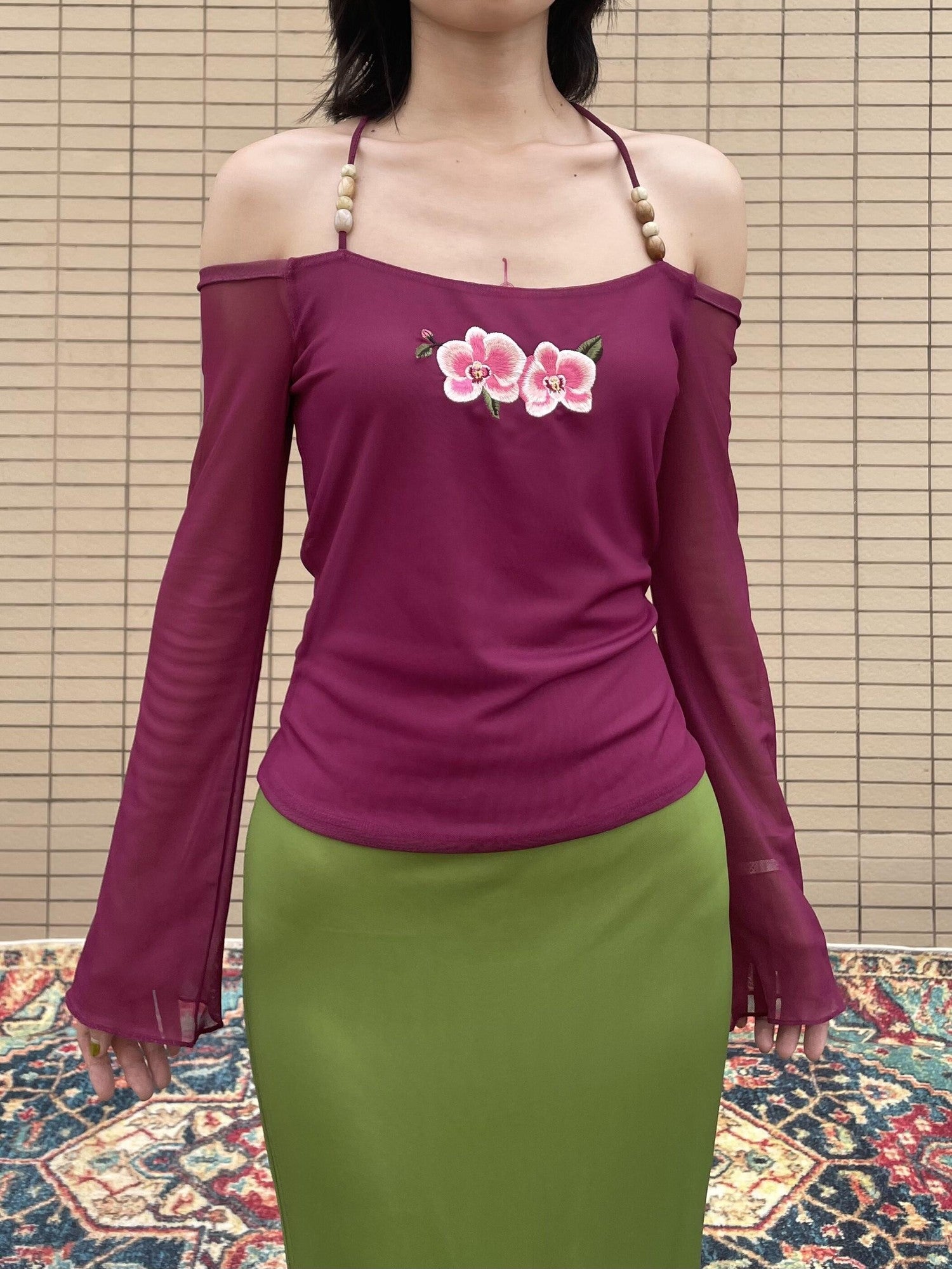 Wet Tail Magenta Orchid Embroidery Beaded One Shoulder Women&
