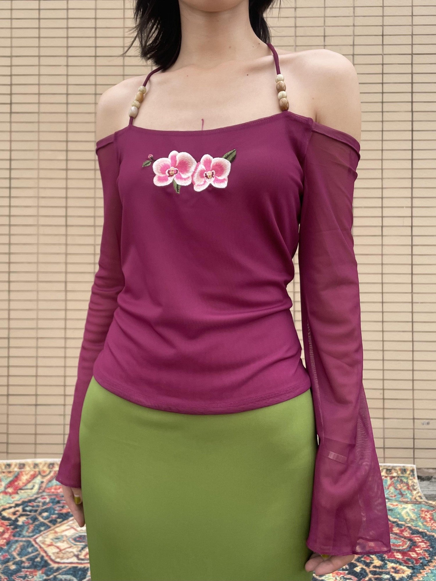 Wet Tail Magenta Orchid Embroidery Beaded One Shoulder Women&