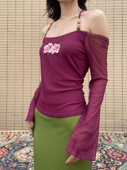 Wet Tail Magenta Orchid Embroidery Beaded One Shoulder Women&