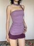 Wet Tail Purple Bustier Faux Fur 3 Piece Chinese Inspired Women Casual Top & Shorts Sets