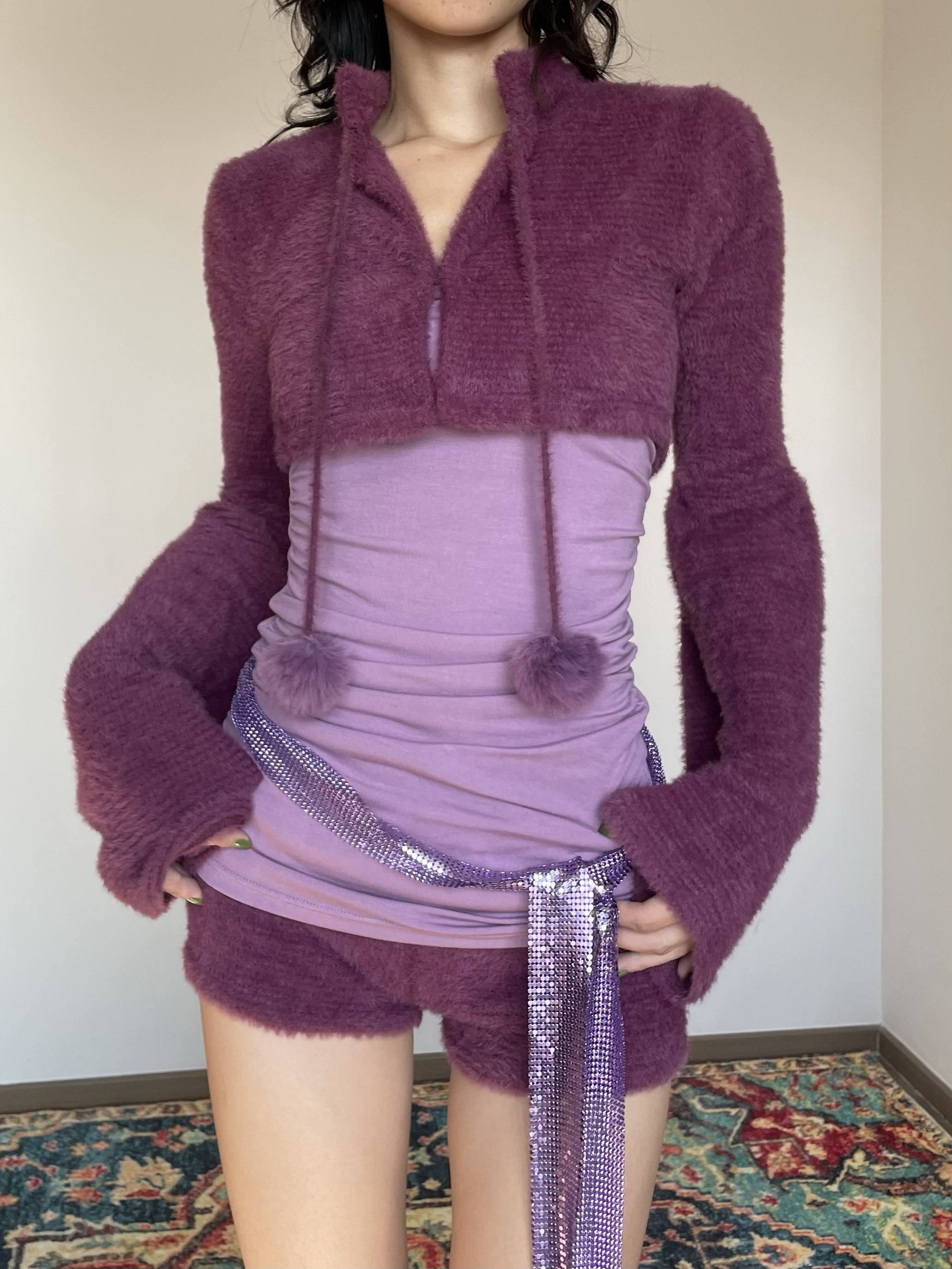 Wet Tail Purple Bustier Faux Fur 3 Piece Chinese Inspired Women Casual Top &amp; Shorts Sets