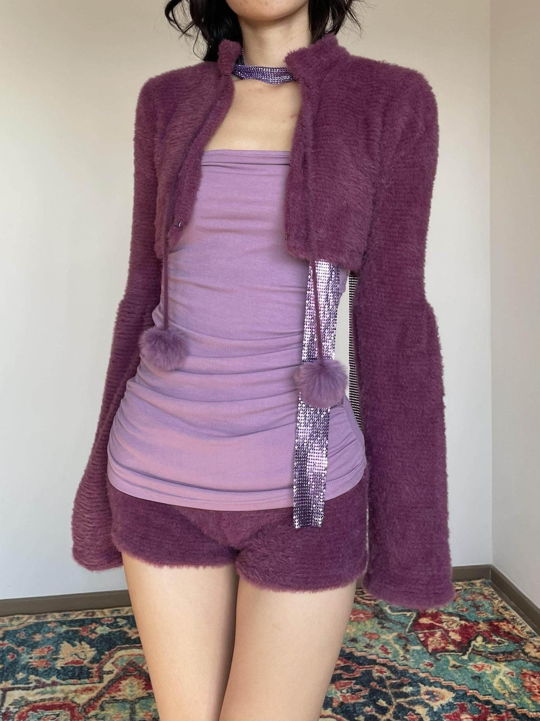 Wet Tail Purple Bustier Faux Fur 3 Piece Chinese Inspired Women Casual Top &amp; Shorts Sets