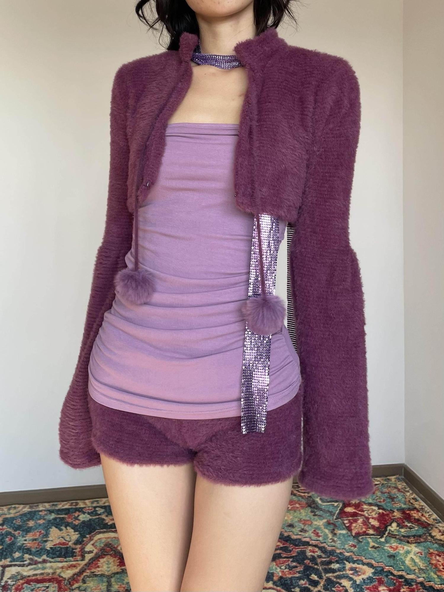 Wet Tail Purple Bustier Faux Fur 3 Piece Chinese Inspired Women Casual Top &amp; Shorts Sets