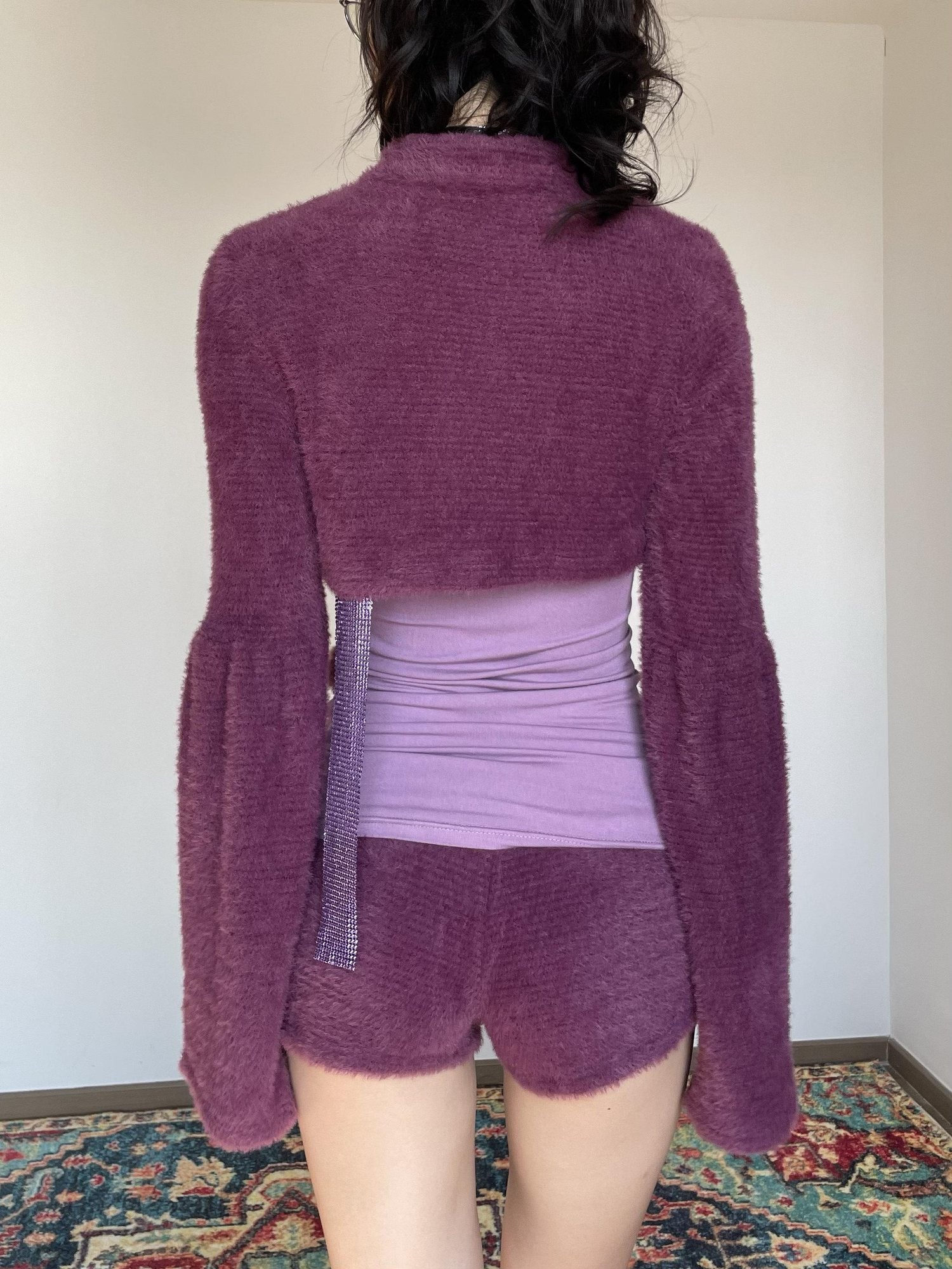 Wet Tail Purple Bustier Faux Fur 3 Piece Chinese Inspired Women Casual Top &amp; Shorts Sets
