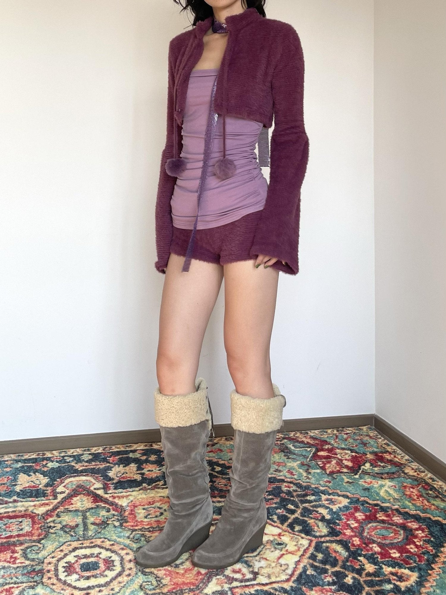 Wet Tail Purple Bustier Faux Fur 3 Piece Chinese Inspired Women Casual Top &amp; Shorts Sets