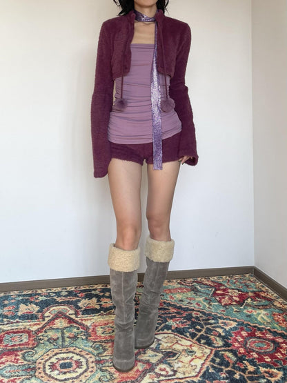 Wet Tail Purple Bustier Faux Fur 3 Piece Chinese Inspired Women Casual Top &amp; Shorts Sets