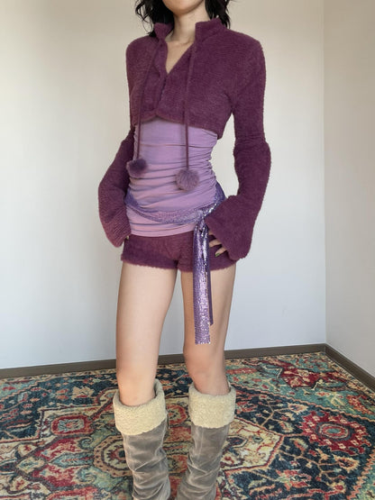 Wet Tail Purple Bustier Faux Fur 3 Piece Chinese Inspired Women Casual Top &amp; Shorts Sets