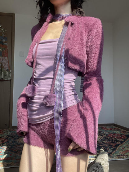 Wet Tail Purple Bustier Faux Fur 3 Piece Chinese Inspired Women Casual Top &amp; Shorts Sets