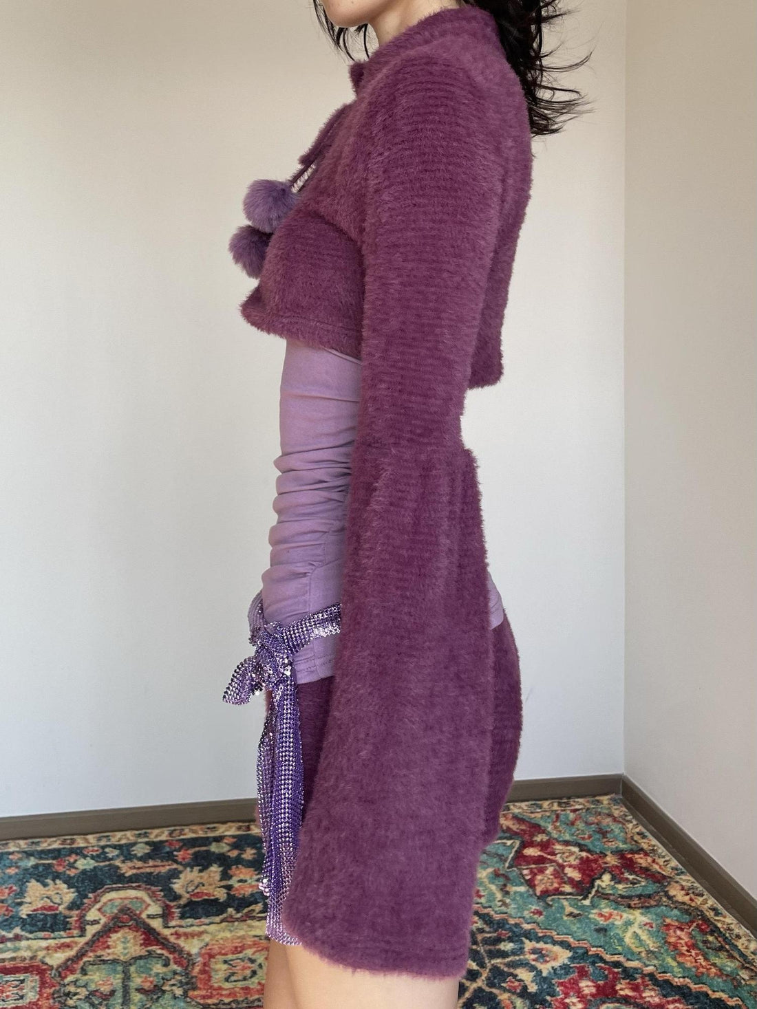 Wet Tail Purple Bustier Faux Fur 3 Piece Chinese Inspired Women Casual Top &amp; Shorts Sets
