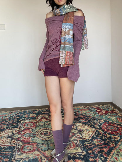 Wet Tail Purple Bustier Faux Fur 3 Piece Chinese Inspired Women Casual Top &amp; Shorts Sets