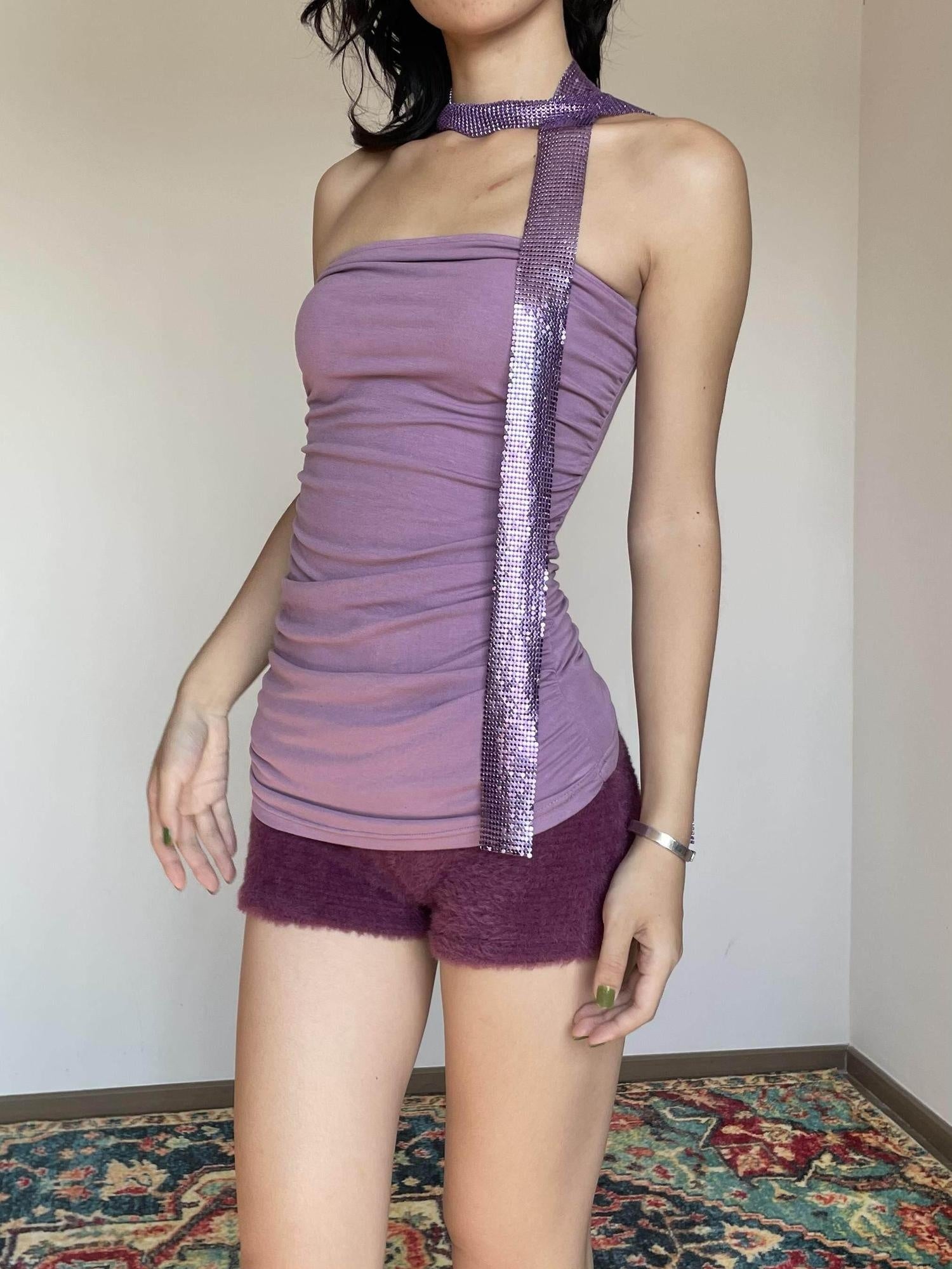 Wet Tail Purple Bustier Faux Fur 3 Piece Chinese Inspired Women Casual Top &amp; Shorts Sets