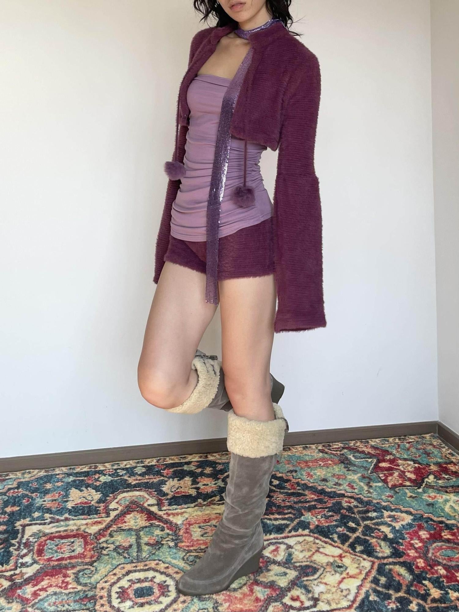 Wet Tail Purple Bustier Faux Fur 3 Piece Chinese Inspired Women Casual Top &amp; Shorts Sets