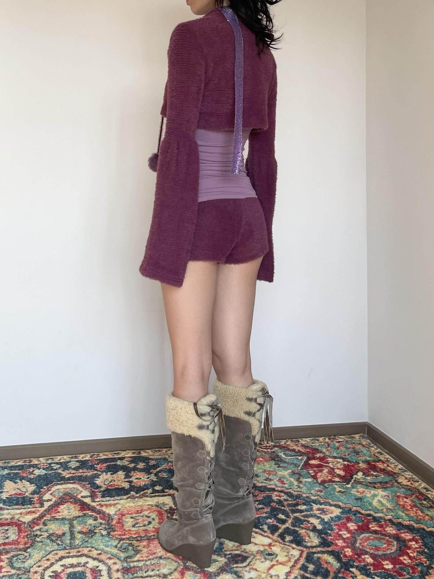 Wet Tail Purple Bustier Faux Fur 3 Piece Chinese Inspired Women Casual Top &amp; Shorts Sets