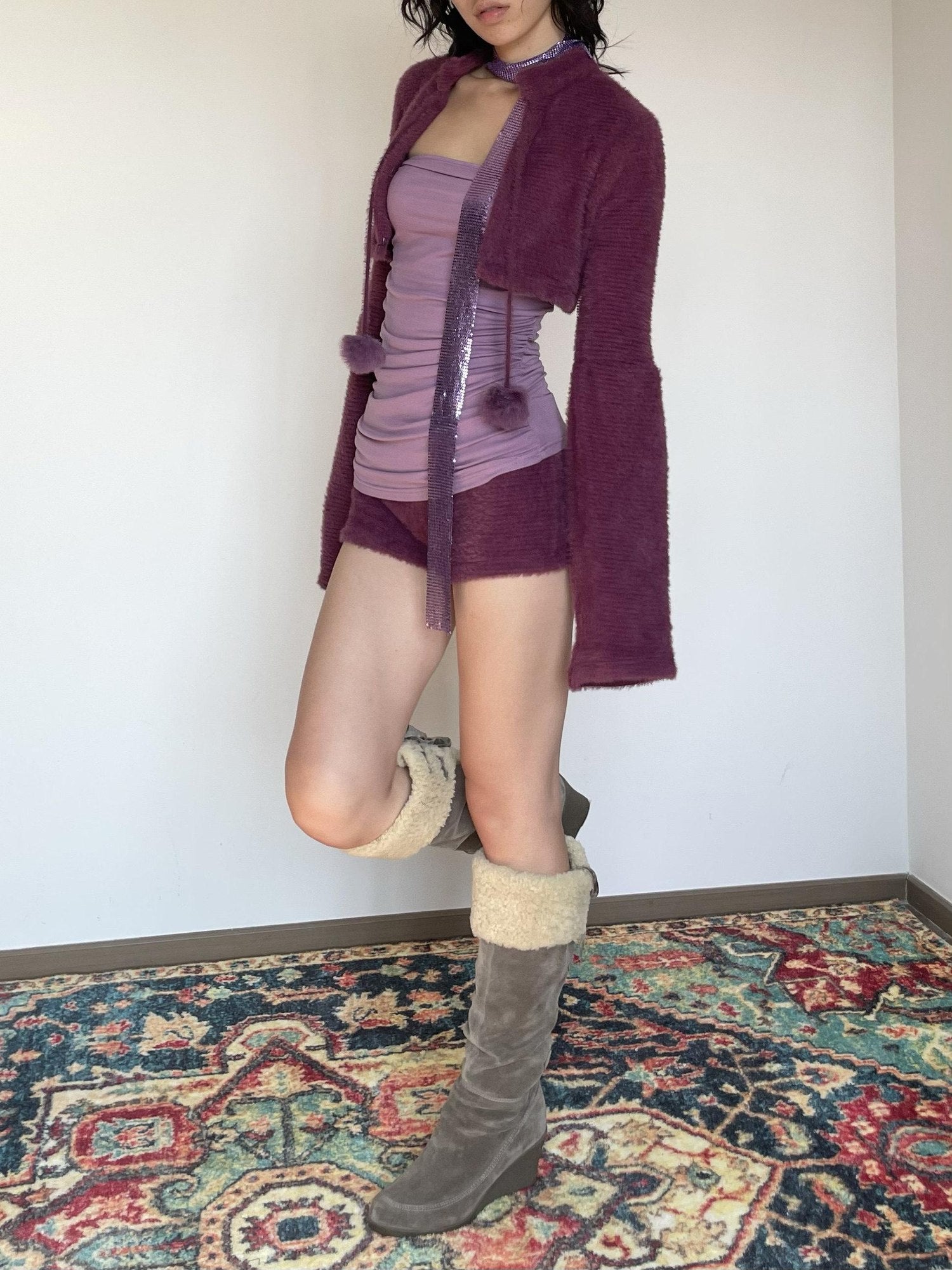 Wet Tail Purple Bustier Faux Fur 3 Piece Chinese Inspired Women Casual Top &amp; Shorts Sets