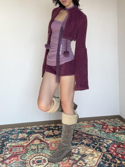 Wet Tail Purple Bustier Faux Fur 3 Piece Chinese Inspired Women Casual Top &amp; Shorts Sets
